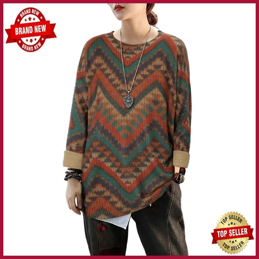 Oversized Knit Pullover Sweater Long Sleeve Graphic Print Winter Top